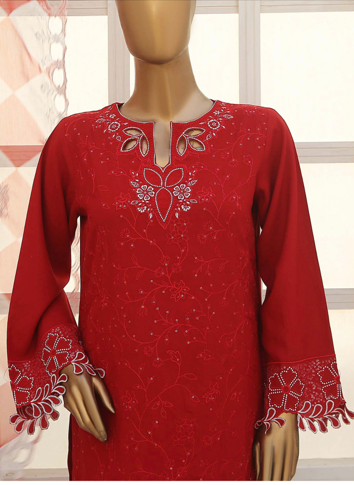 Karandi 3 Piece Stitched Suit with Printed Dopatta and Plain Trouser.