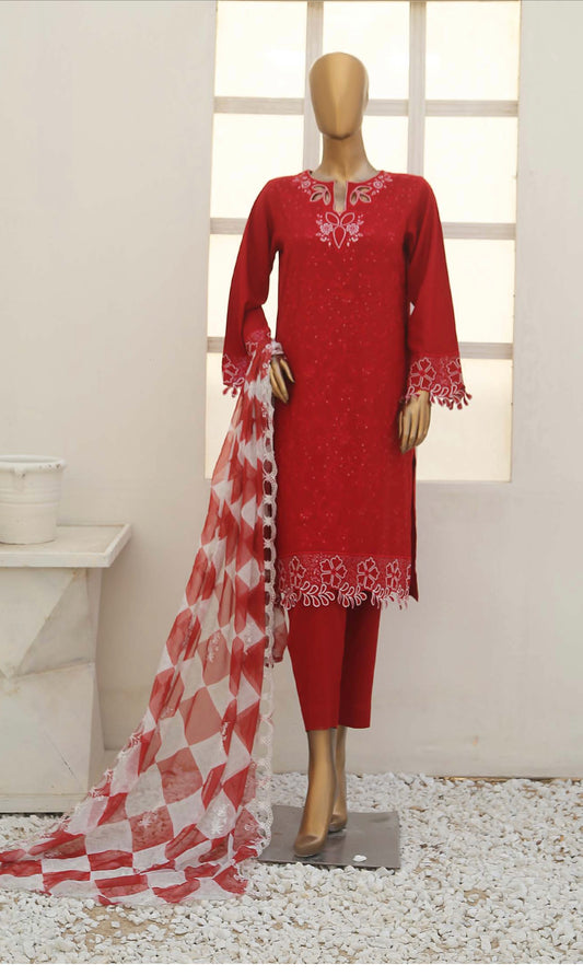 Karandi 3 Piece Stitched Suit with Printed Dopatta and Plain Trouser.