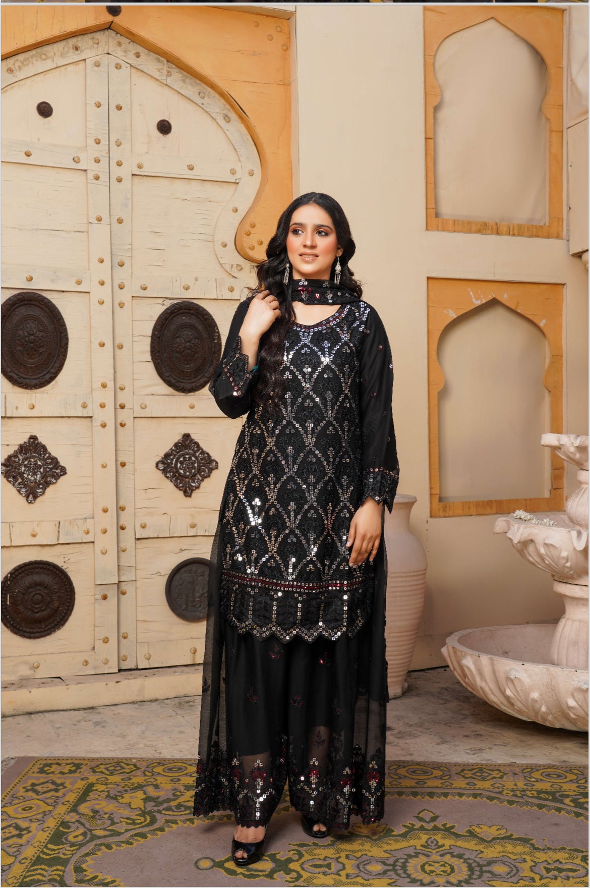 EMBROIDERED CHIFFON 3 PIECE SUIT